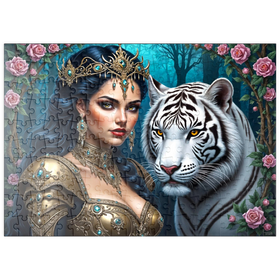 Darstellung des Puzzle Motivs Mystische Kriegerin mit weißem Tiger im Fantasy-Stil - Puzzleteile: 200