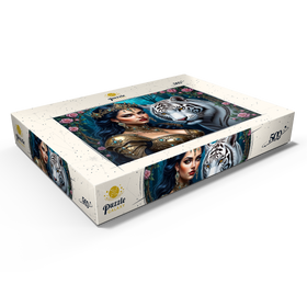 Darstellung des Puzzle Motivs Mystische Kriegerin mit weißem Tiger im Fantasy-Stil - Puzzleteile: 500
