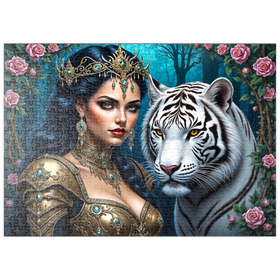 Darstellung des Puzzle Motivs Mystische Kriegerin mit weißem Tiger im Fantasy-Stil - Puzzleteile: 500