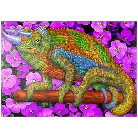 Darstellung des Puzzle-Motivs Farbenprächtiges Chamäleon auf Blüten im Mosaik-Stil – Puzzleteile: 1000