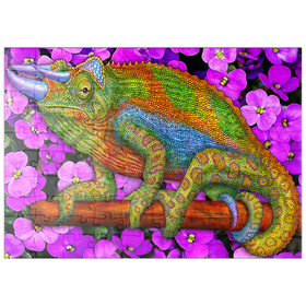 Darstellung des Puzzle Motivs Farbenprächtiges Chamäleon auf Blüten im Mosaik-Stil - Puzzleteile: 100