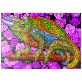 Darstellung des Puzzle Motivs Farbenprächtiges Chamäleon auf Blüten im Mosaik-Stil - Puzzleteile: 200