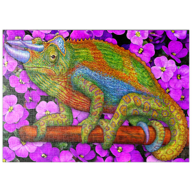 Darstellung des Puzzle-Motivs Farbenprächtiges Chamäleon auf Blüten im Mosaik-Stil – Puzzleteile: 500