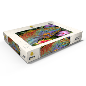 Darstellung des Puzzle Motivs Farbenfrohe Leguan-Darstellung im Mosaik-Stil mit tropischen Blüten - Puzzleteile: 1000