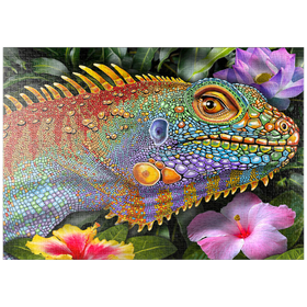 Darstellung des Puzzle-Motivs Farbenfrohe Leguan-Darstellung im Mosaik-Stil mit tropischen Blüten – Puzzleteile: 1000