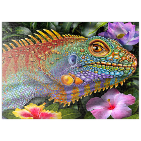 Darstellung des Puzzle-Motivs Farbenfrohe Leguan-Darstellung im Mosaik-Stil mit tropischen Blüten – Puzzleteile: 500