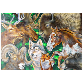 Darstellung des Puzzle Motivs Nordamerikanische Wildtiere in kunstvoller Naturillustration - Puzzleteile: 100