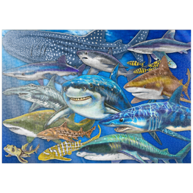 Darstellung des Puzzle Motivs Faszinierende Haie in kunstvoller Unterwasserillustration - Puzzleteile: 1000