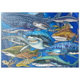 Darstellung des Puzzle-Motivs Faszinierende Haie in kunstvoller Unterwasserillustration – Puzzleteile: 500