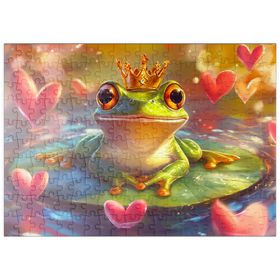 Darstellung des Puzzle-Motivs Romantischer Froschkönig auf Seerose in fantasievollem Stil – Puzzleteile: 200
