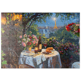 Darstellung des Puzzle Motivs Romantisches Abendessen mit Blick auf den Eiffelturm - Puzzleteile: 100