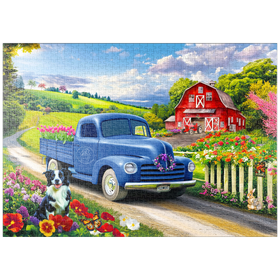 Darstellung des Puzzle-Motivs Nostalgischer blauer Blumen-Lieferwagen auf dem Land – Puzzleteile: 1000