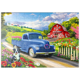 Darstellung des Puzzle Motivs Nostalgischer blauer Blumen-Lieferwagen auf dem Land - Puzzleteile: 100