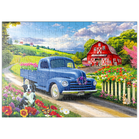 Darstellung des Puzzle Motivs Nostalgischer blauer Blumen-Lieferwagen auf dem Land - Puzzleteile: 200