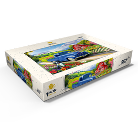 Darstellung des Puzzle Motivs Nostalgischer blauer Blumen-Lieferwagen auf dem Land - Puzzleteile: 500