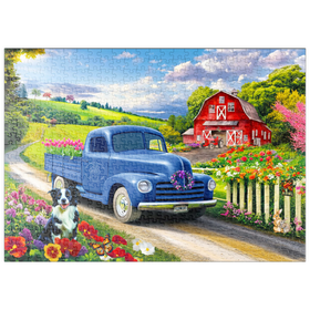 Darstellung des Puzzle Motivs Nostalgischer blauer Blumen-Lieferwagen auf dem Land - Puzzleteile: 500