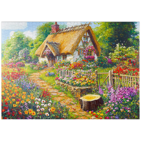 Darstellung des Puzzle Motivs Romantisches Cottage mit blühendem Garten - Puzzleteile: 1000