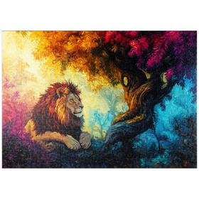 Darstellung des Puzzle Motivs Majestätischer Löwe vor magischem Baum – Farbintensive Kunst - Puzzleteile: 1000