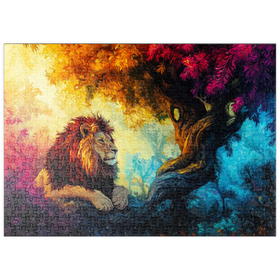Darstellung des Puzzle Motivs Majestätischer Löwe vor magischem Baum – Farbintensive Kunst - Puzzleteile: 500