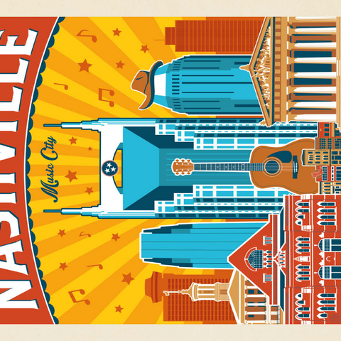 Darstellung des Puzzle Motivs Nashville Landmarks, Vintage Poster Nashville Landmarks, Vintage Poster 100 Puzzle 3D Modell