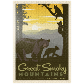 Darstellung des Puzzle Motivs Great Smoky Mountains National Park: Mama Bär & Jungtiere - Puzzleteile: 1000