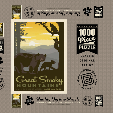 Darstellung des Puzzle Motivs Great Smoky Mountains National Park: Mama Bär & Jungtiere Great Smoky Mountains National Park: Mama Bear & Cubs 1000 Puzzle Schachtel 3D Modell
