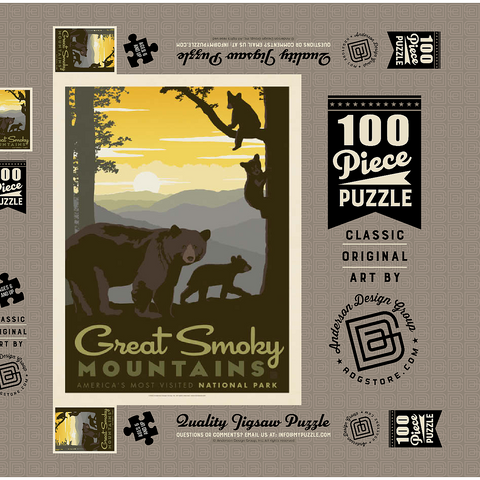 Darstellung des Puzzle Motivs Great Smoky Mountains National Park: Mama Bär & Jungtiere Great Smoky Mountains National Park: Mama Bear & Cubs 100 Puzzle Schachtel 3D Modell