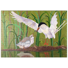 Darstellung des Puzzle-Motivs Forsterseeschwalbe füttert Küken in Feuchtgebieten – Puzzleteile: 500
