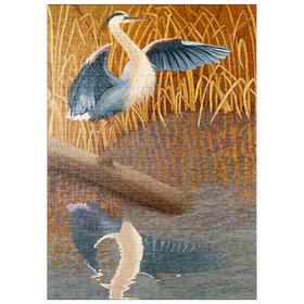 Darstellung des Puzzle-Motivs Blaureiher im Sumpfgebiet Spiegelung – Puzzleteile: 500