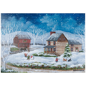 Darstellung des Puzzle-Motivs Rustikale Winterszenerie mit verschneiter Hütte – Puzzleteile: 1000