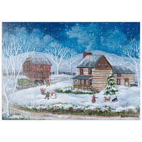 Darstellung des Puzzle-Motivs Rustikale Winterszenerie mit verschneiter Hütte – Puzzleteile: 200