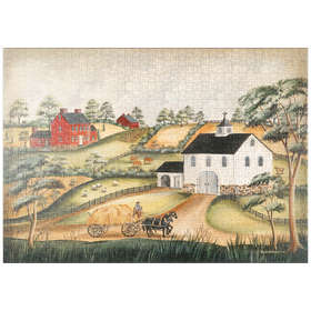 Darstellung des Puzzle-Motivs Charmante Bauernhof-Szene mit Scheune und Pferden – Puzzleteile: 1000