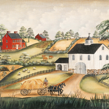 Charming Folk Art Farm Scene with Barn and Horses 1000 Puzzle 3D Modell