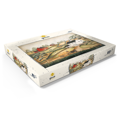 Charming Folk Art Farm Scene with Barn and Horses 100 Puzzle Schachtel Ansicht1