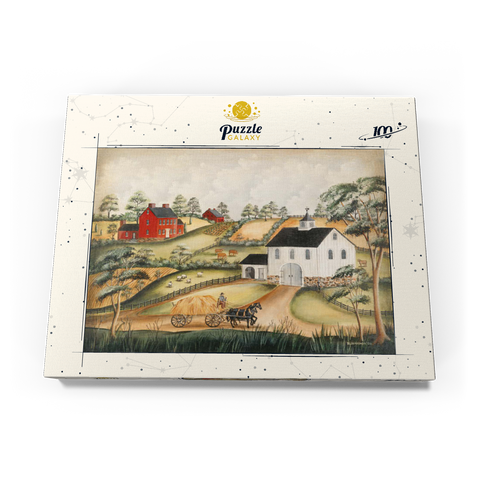 Charming Folk Art Farm Scene with Barn and Horses 100 Puzzle Schachtel Ansicht3