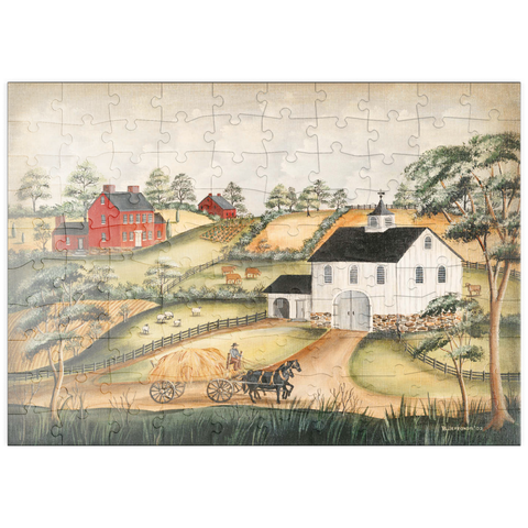 puzzleplate Charming Folk Art Farm Scene with Barn and Horses 100 Puzzle