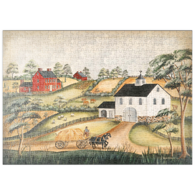 Darstellung des Puzzle-Motivs Charmante Bauernhof-Szene mit Scheune und Pferden – Puzzleteile: 500