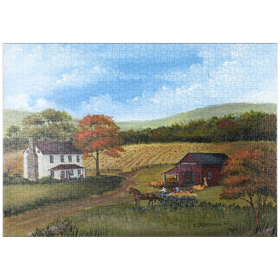 Darstellung des Puzzle-Motivs Herbstliches Bauernhaus mit Kürbisfeld – Puzzleteile: 1000