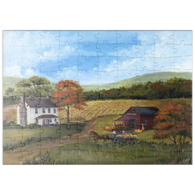 Darstellung des Puzzle Motivs Herbstliches Bauernhaus mit Kürbisfeld - Puzzleteile: 100