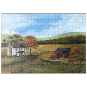 Darstellung des Puzzle Motivs Herbstliches Bauernhaus mit Kürbisfeld - Puzzleteile: 500