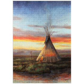 Darstellung des Puzzle-Motivs Einsames Teepee bei Sonnenuntergang am Fluss – Puzzleteile: 1000
