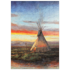 Darstellung des Puzzle Motivs Einsames Teepee bei Sonnenuntergang am Fluss - Puzzleteile: 100
