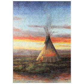 Darstellung des Puzzle Motivs Einsames Teepee bei Sonnenuntergang am Fluss - Puzzleteile: 200