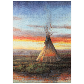 Darstellung des Puzzle Motivs Einsames Teepee bei Sonnenuntergang am Fluss - Puzzleteile: 500
