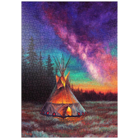 Darstellung des Puzzle Motivs Beleuchtetes Tipi unter dem nächtlichen Sternenhimmel - Puzzleteile: 1000