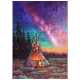 Darstellung des Puzzle Motivs Beleuchtetes Tipi unter dem nächtlichen Sternenhimmel - Puzzleteile: 100