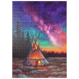Darstellung des Puzzle Motivs Beleuchtetes Tipi unter dem nächtlichen Sternenhimmel - Puzzleteile: 500