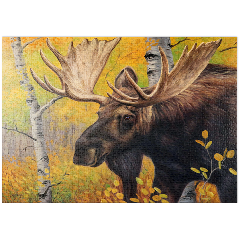 Darstellung des Puzzle Motivs Majestätischer Elchbulle im Herbstwald puzzleplate Majestic Bull Moose in Autumn Forest 1000 Puzzle