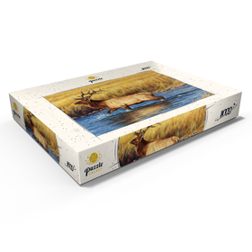 Alternative Darstellung des Puzzle-Motivs Elchbulle bei der Flussüberquerung im Herbst – Puzzleteile: 1000