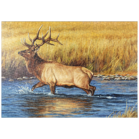 Darstellung des Puzzle-Motivs Elchbulle bei der Flussüberquerung im Herbst – Puzzleteile: 1000